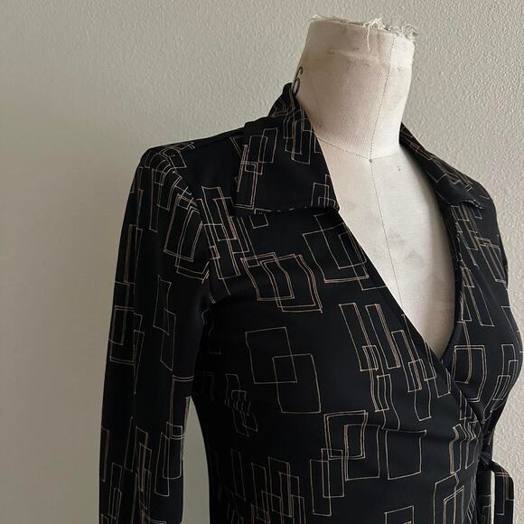 Vintage La Belle black gold retro abstract 3/4 sleeve wrap midi dress size S - Picture 3 of 10